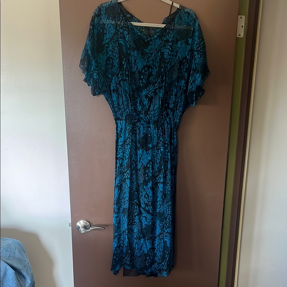 Vintage Silk Blue and Black Abstract Print Midi Dress
